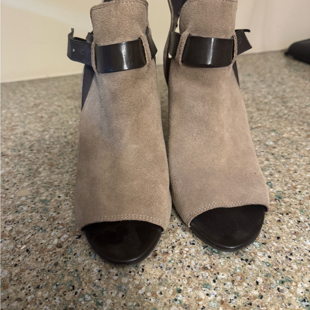 Franco Sarto Tan Suede Peep-Toe Ankle Boots
